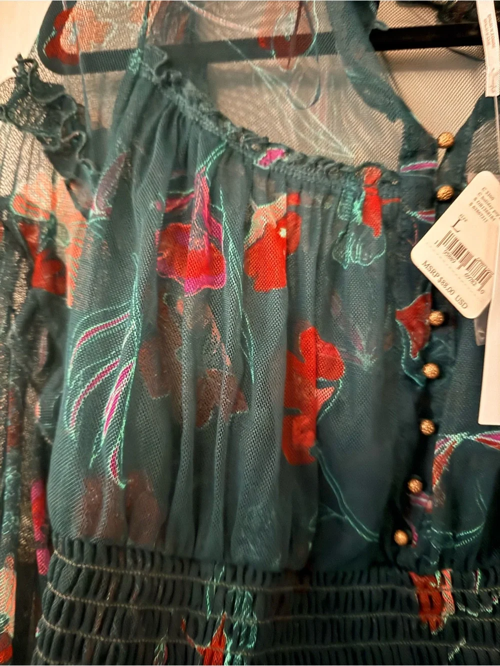 Free People Sheer Floral Dark Teal Long-Sleeve Blouse